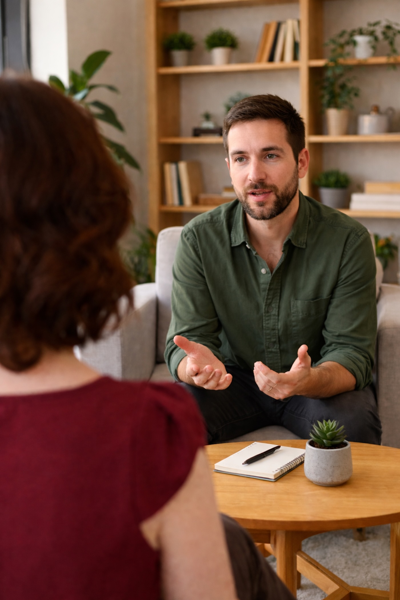 Individual therapy session between therapist and adult client in a modern office