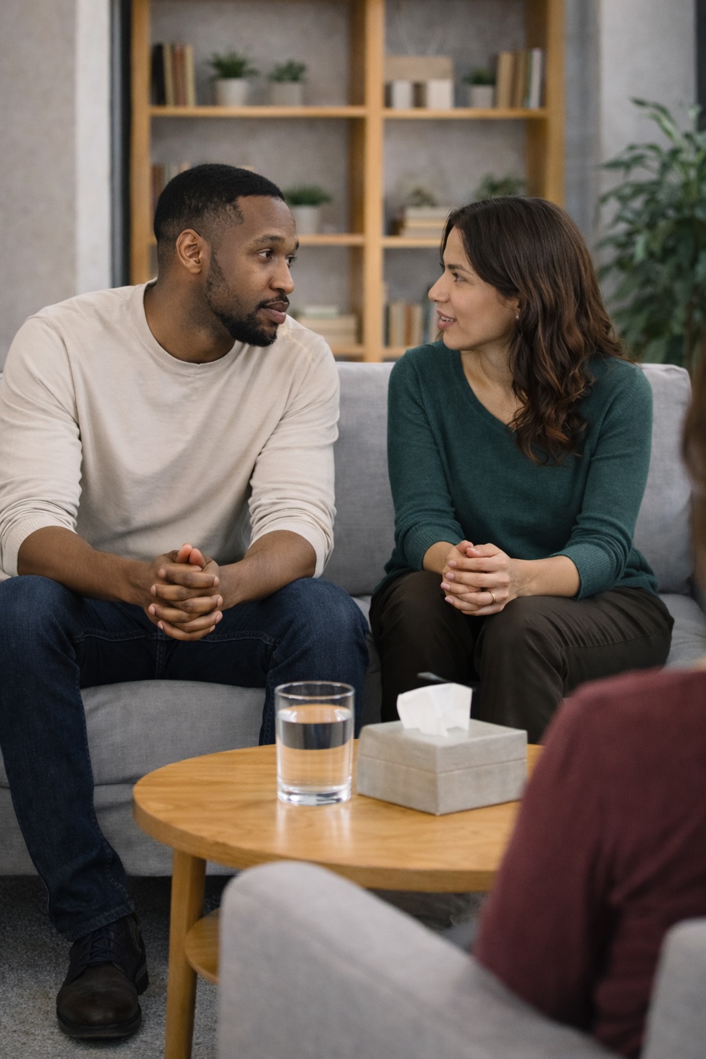 Couples therapy session with partners speaking directly to each other while therapist listens