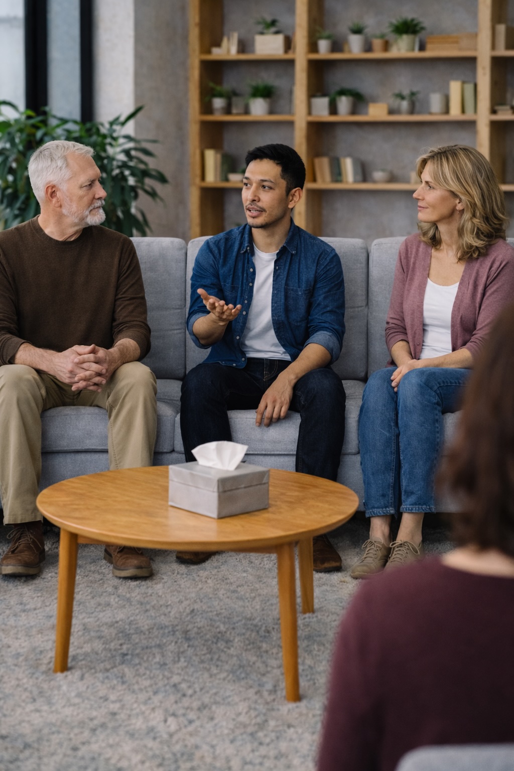 Group therapy session with adults engaged in shared discussion while therapist listens
