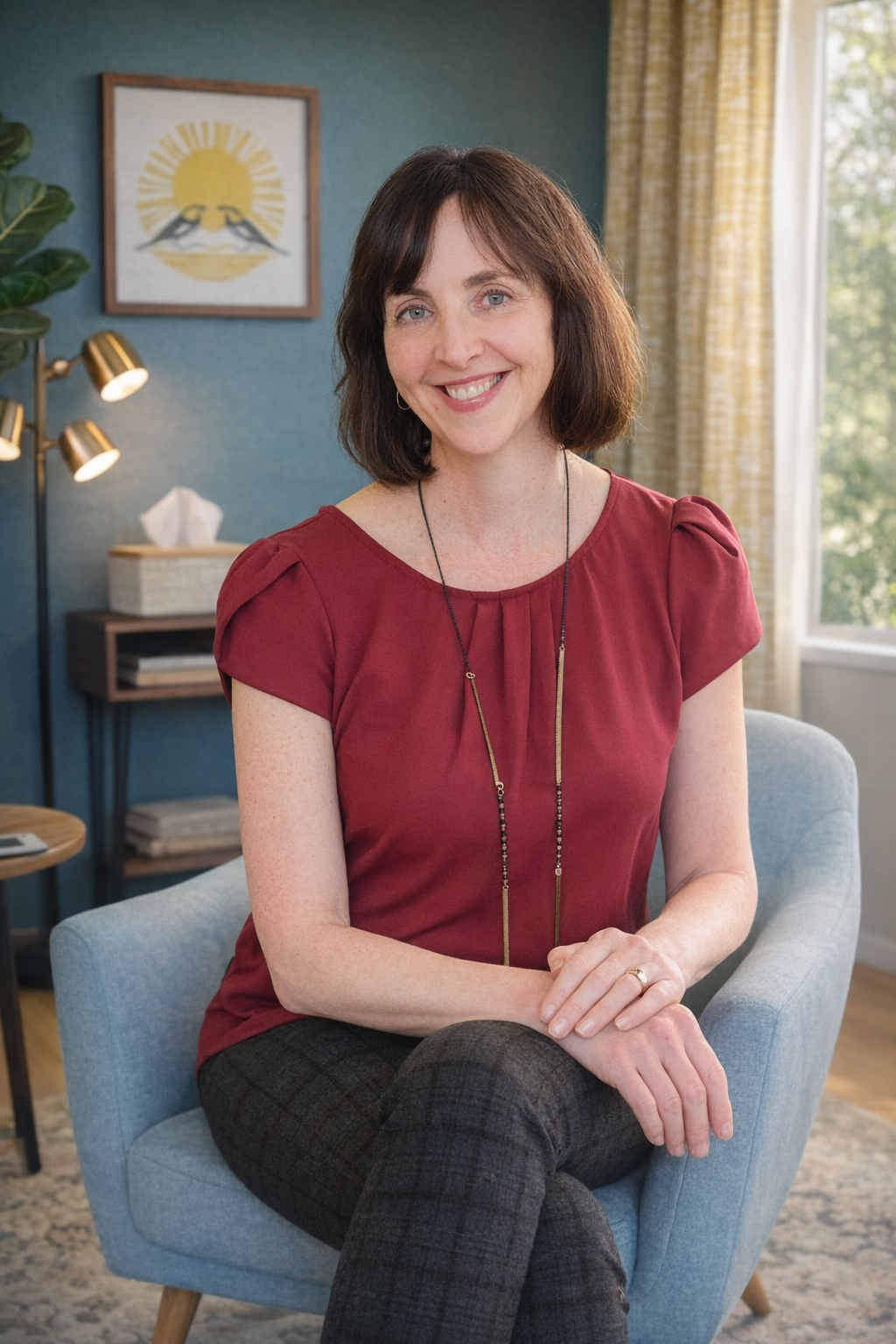 Mary Lynn Marinucci, therapist specializing in work and life concerns, in her Austin therapy office.