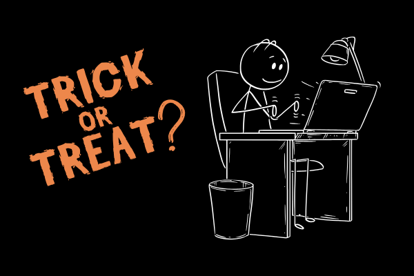 therapy for work and life person at desk with sign trick or treat