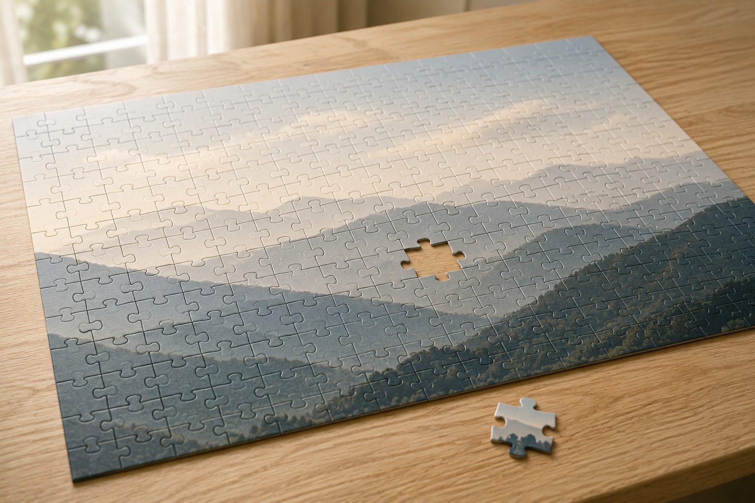 Nearly completed jigsaw puzzle on a wooden table with one piece missing and resting nearby.