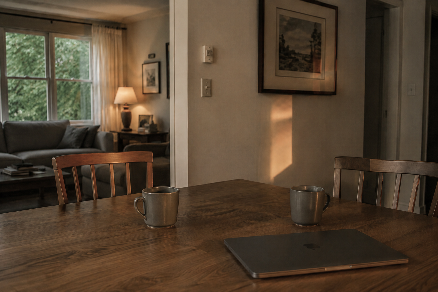 Two coffee mugs on a dining table beside a closed laptop in a quiet home at dusk